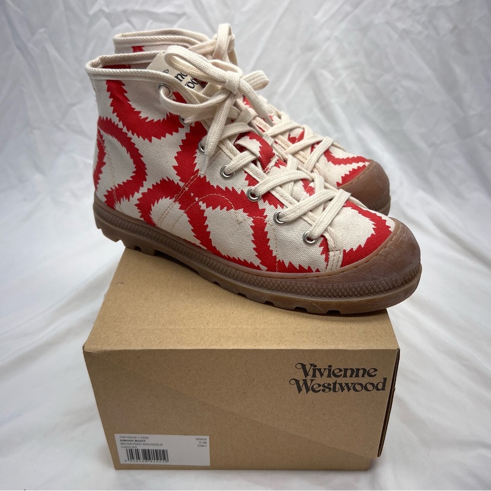 Vivienne Westwood Simian Boots Red Squiggle Canvas Rubber Sole Sneakers EU 38